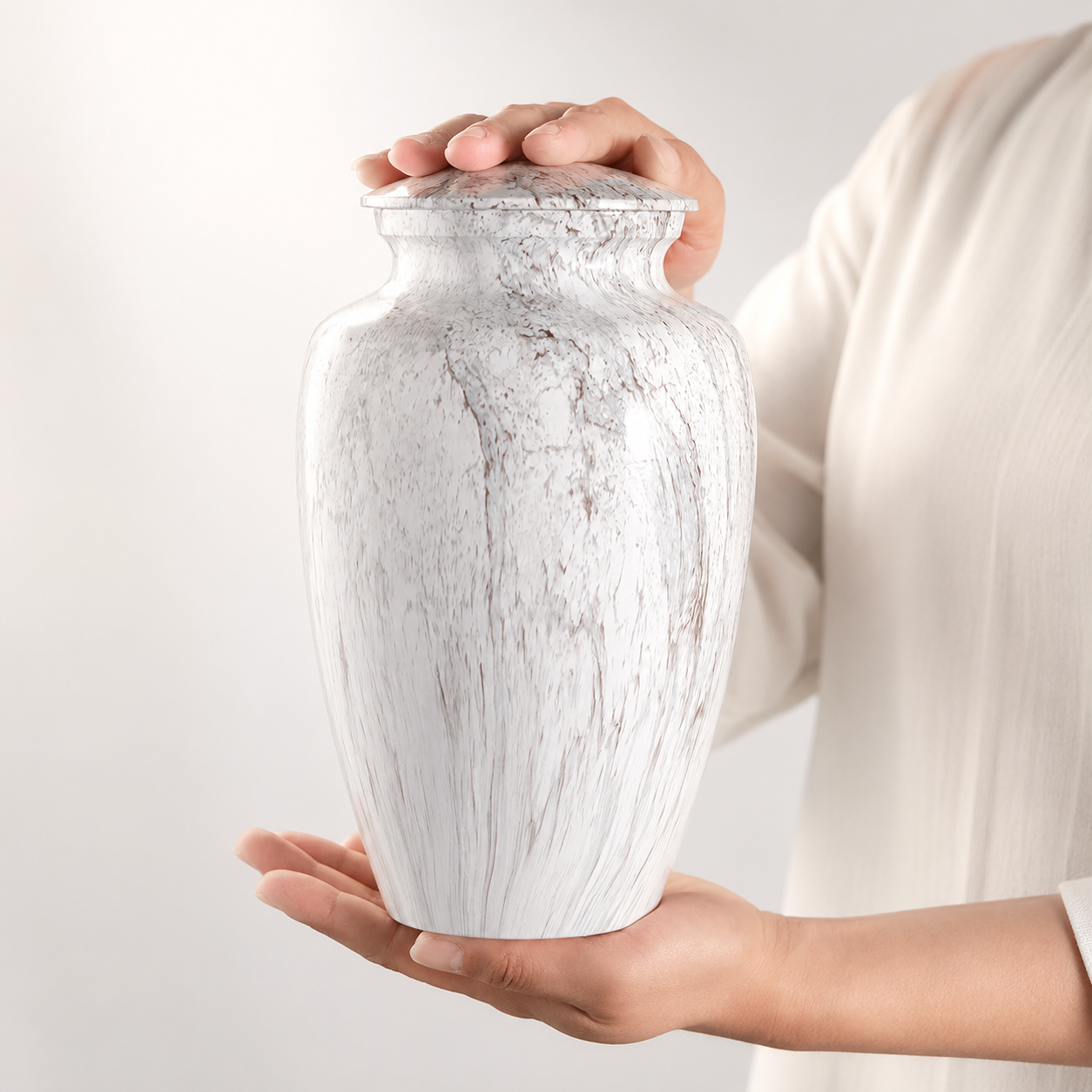 Marble-patterned finish detail on the timeless memorial urn