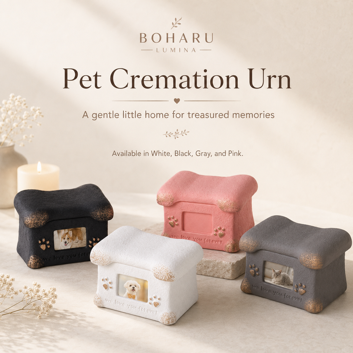 Stillness pet memorial urn with a softly sculpted home-like form