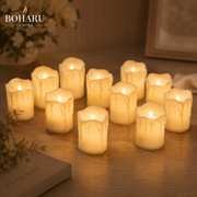 Warm LED memorial candles arranged beside cherished keepsakes
