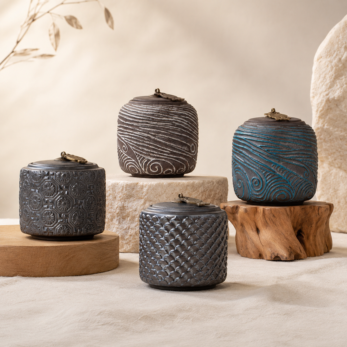 Sea and Blossom ceramic pet memorial urn with floral and water-inspired detail