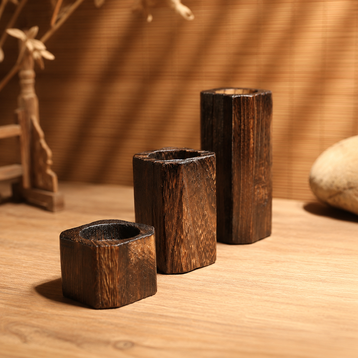 Natural wood grain detail of The Warm Grain Candle Holder