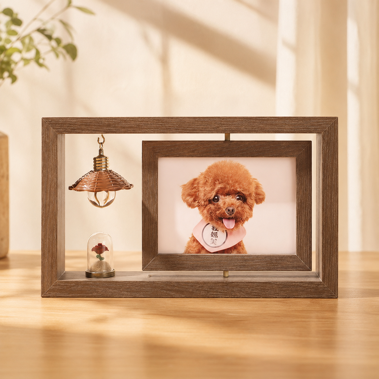 Wooden rotating memorial frame displayed in a quiet home setting
