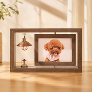 Wooden rotating memorial frame displayed in a quiet home setting