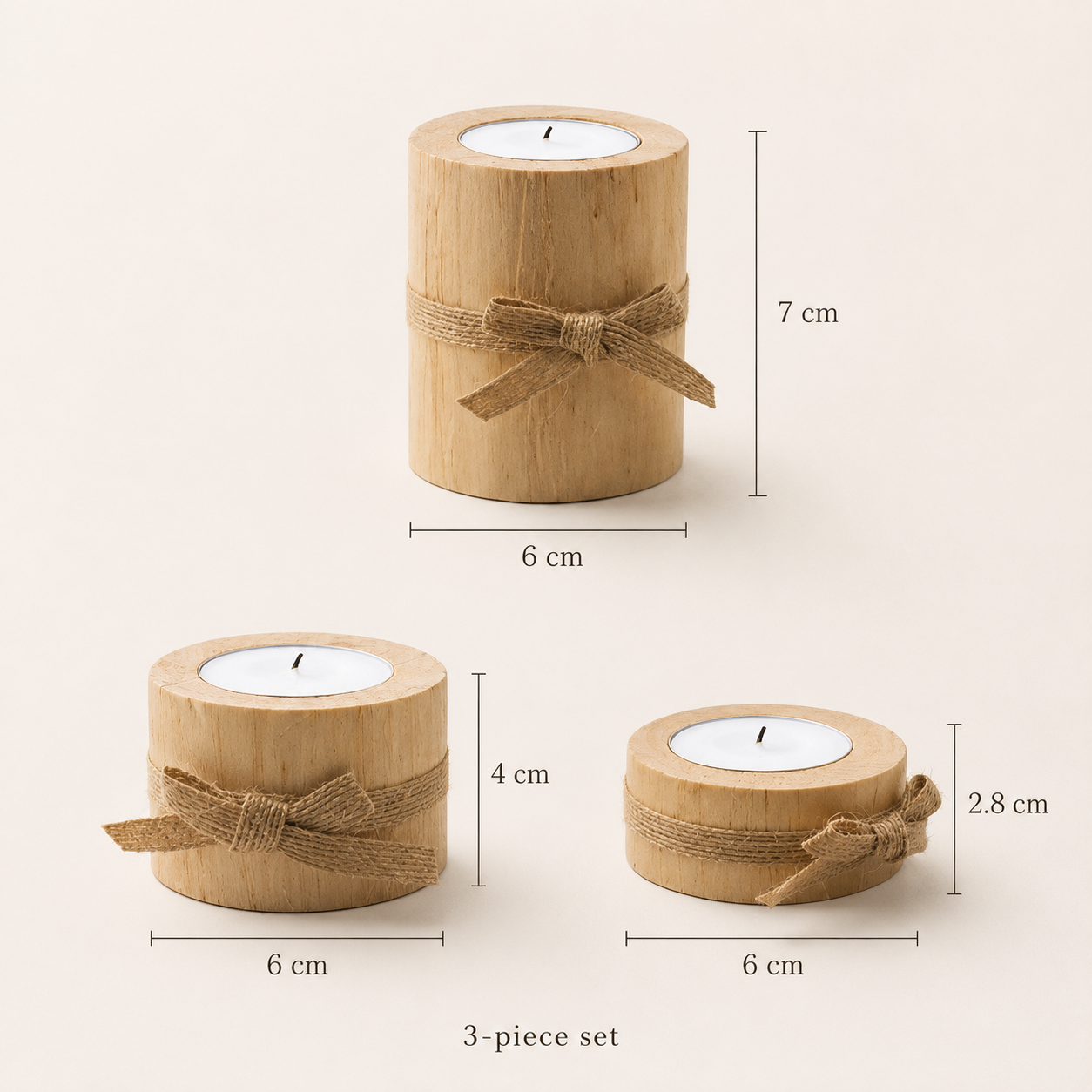 Three wooden memorial candle holders arranged in gentle light