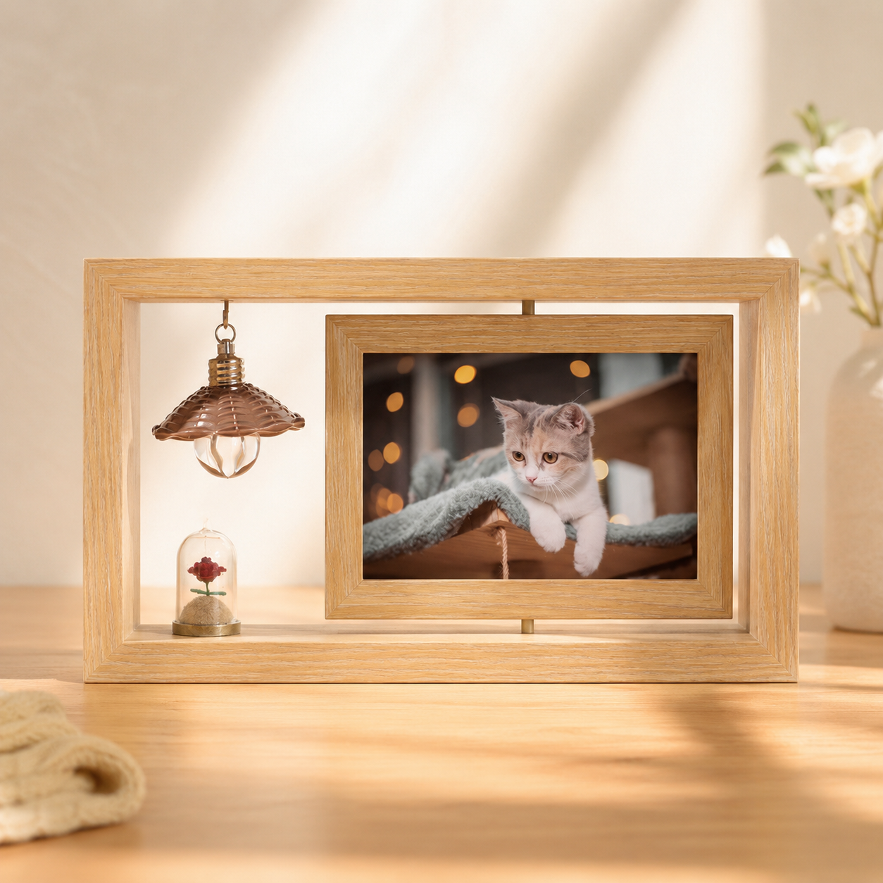 Detail view of the pet remembrance frame and rotating base