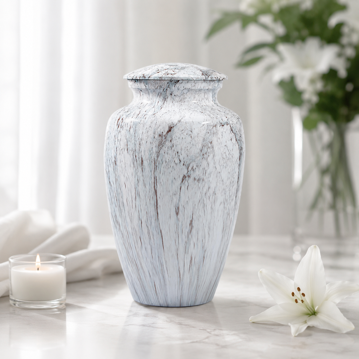 Aurelia metal pet memorial urn with marble-inspired finish