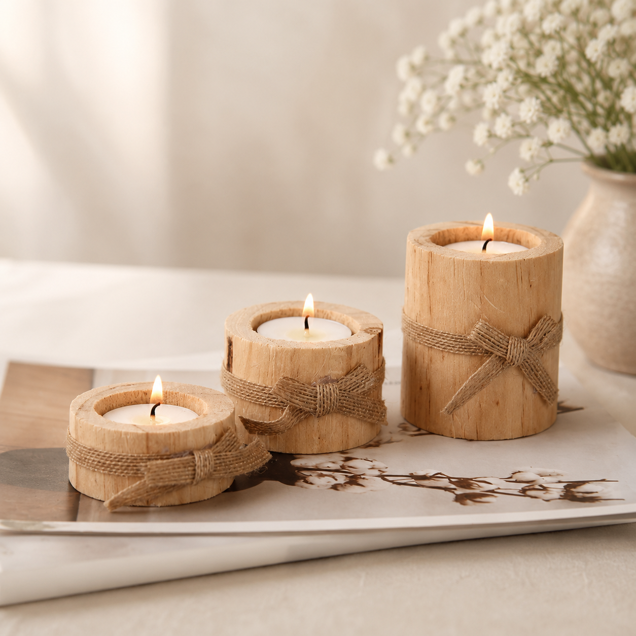 Alternate view of the three timeless wooden candle holders