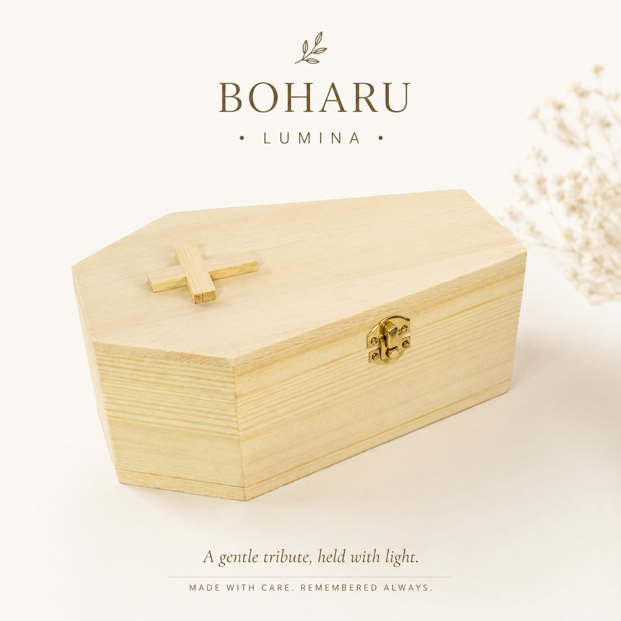 Haven wooden urn displayed beside a cherished companion photograph