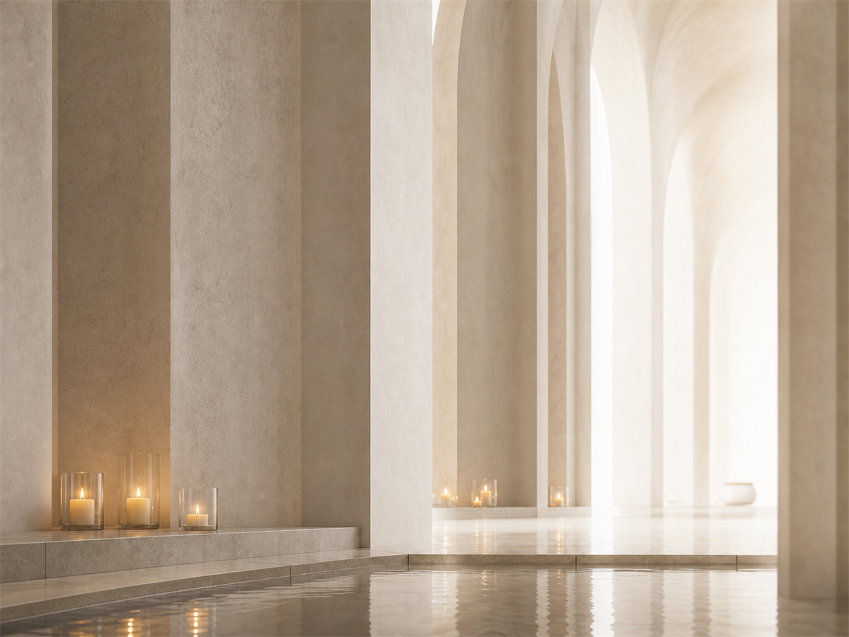 Warm architectural light shaping a quiet place of remembrance