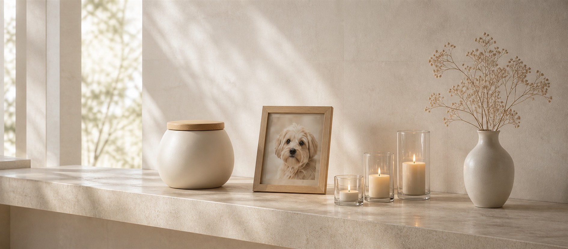 A complete pet memorial space with an urn, memory frame, candlelight, and vase